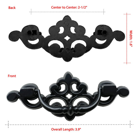 8 Pack Matte Black Drop Bail Drawer Pulls Two And A Half Inch Center Vintage Cabinet Handles, front and back view.