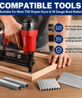 Heavy Duty Galvanized T50 Staples And 18 Gauge Brad Nails 7500 Count Bulk Packs in use with a pneumatic stapler.
