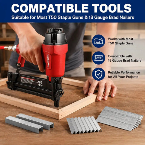 Heavy Duty Galvanized T50 Staples And 18 Gauge Brad Nails 7500 Count Bulk Packs in use with a pneumatic stapler.