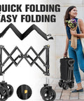 All Terrain Collapsible Wagon Cart With Wheels For Beach Garden Shopping Groceries Camping And Outdoor Hauls Large Capacity Folding Utility Cart With Sturdy Steel Frame Easy Fold Black displayed folded next to a woman holding groceries.