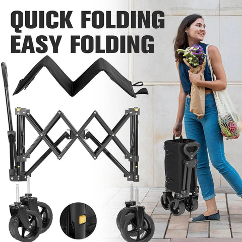 All Terrain Collapsible Wagon Cart With Wheels For Beach Garden Shopping Groceries Camping And Outdoor Hauls Large Capacity Folding Utility Cart With Sturdy Steel Frame Easy Fold Black displayed folded next to a woman holding groceries.