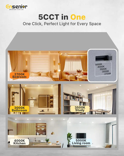 5CCT in One showcasing varied color temperatures for different rooms with 48 Pack Slick 6 Inch LED Recessed Lights Delivering Hella Bright Output With Sleek Canless Wafer Design For Dead Simple Cut In Install And Smooth Fifty To Hundred Percent Dimmable Functionality.
