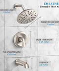 4-Way Tub and Shower Faucet Set With Rough-In Valve Included, 9-Inch Rain Shower Head, Brushed Nickel Measurements