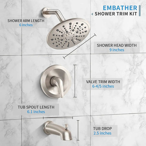 4-Way Tub and Shower Faucet Set With Rough-In Valve Included, 9-Inch Rain Shower Head, Brushed Nickel Measurements