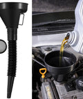 Five Piece Auto Oil Funnel Set With Flexible Neck And Filter Screen For Gas Oil Coolant And Engine Oil next to engine pour.