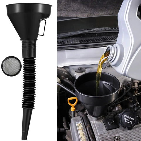 Five Piece Auto Oil Funnel Set With Flexible Neck And Filter Screen For Gas Oil Coolant And Engine Oil next to engine pour.