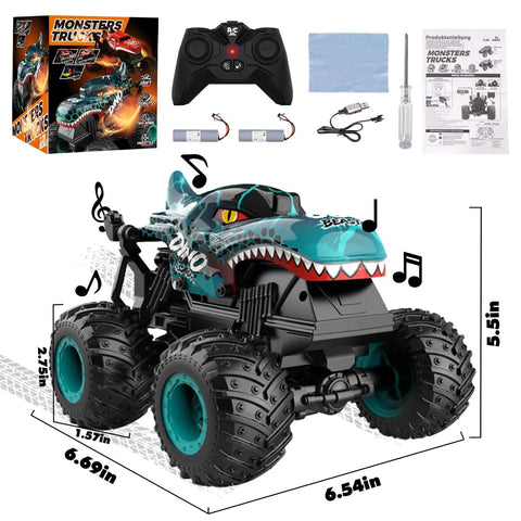 Totally Rad Dinosaur RC Monster Truck for Kids Ages 4 To 7, 1:20 Scale Remote Control Car With Lights And Music, packaging included