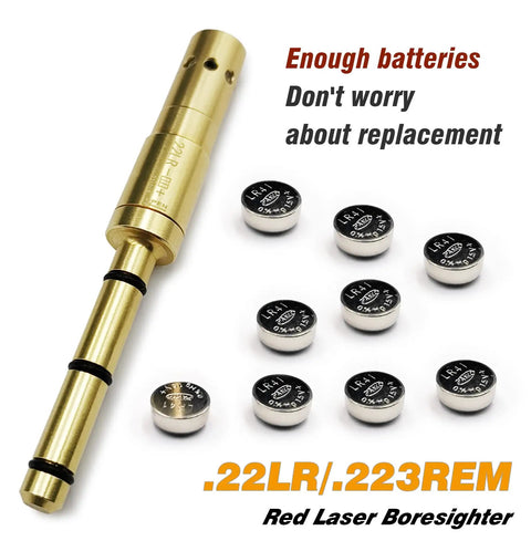 End Barrel Laser Bore Sight For.22LR And.223 Rem, No Fuss Fit, Class IIIa Red Laser shown with LR41 batteries