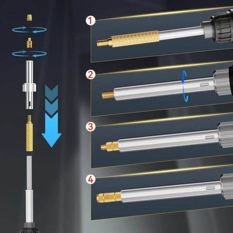 Diagram showing assembly steps for 220 Piece Heat Insert Kit With M2 To M8 Threaded Inserts And 90W Adjustable Soldering Iron.