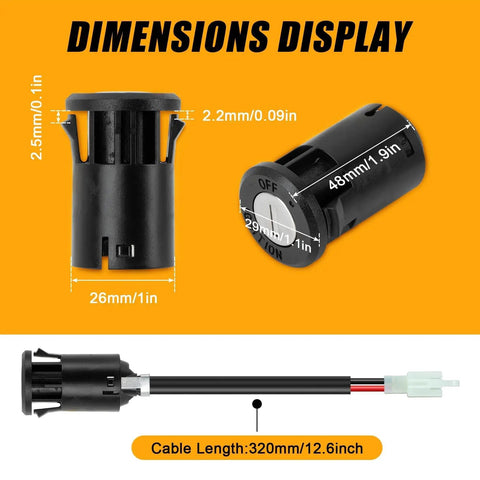 Dimensions display of Key Ignition Switch For Electric Bikes And Scooters With 2 Wire Lock Zinc Alloy Lock