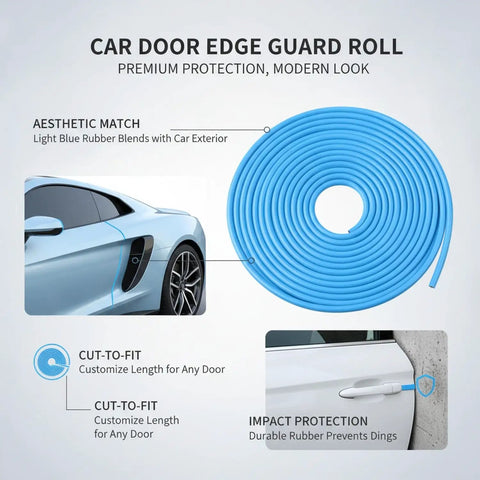 Universal Fit Car Door Edge Guard Rubber Trim Strip Light Colored Cut To Fit Self Adhesive Roll shown in light blue with car examples
