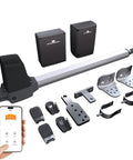 Heavy Hitter Single Swing Gate Opener With Slick Remote and Smart App Sync, includes motor and mounting accessories.