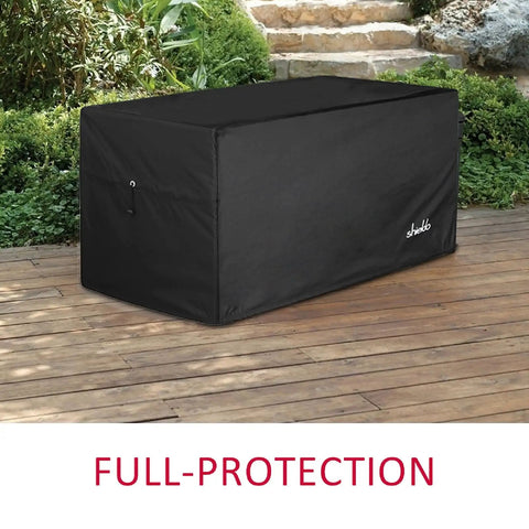 Heavy Duty 600D Polyester Deck Box Cover Waterproof All Weather Protection For 63 Inch Long By 30 Inch Wide By 28 Inch High Storage Box Tough As Nails Outdoor Cover Built To Last Rainproof on a wooden patio with greenery