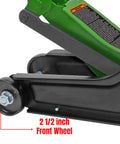 Pro-Lift F-757G 2-Ton floor jack; green and black steel with 2.5-inch front wheel (front view)