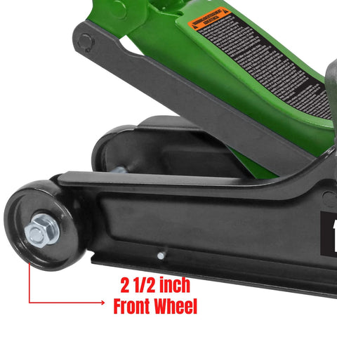 Pro-Lift F-757G 2-Ton floor jack; green and black steel with 2.5-inch front wheel (front view)