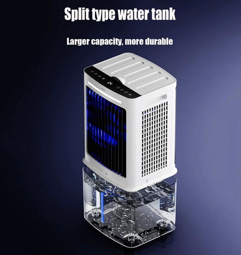 Portable Evaporative Swamp Cooler Game Changer With 10L Tank, showing split water tank and LED display for efficient cooling.