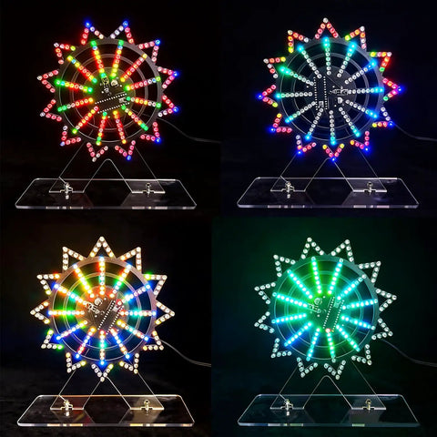 Four views of 7 Color Ferris Wheel Soldering Practice Kit Rotating LED Electronics DIY Project with colorful LEDs on base.