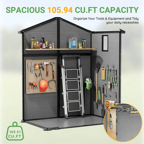 Spacious 6x4 Ft Plastic Storage Shed With Floor, Easy Setup, showing interior storage for tools, ladder, and garden supplies.