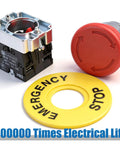 Red Mushroom Emergency Stop Push Button Switch 1NC 1NO Latching 22mm Mounting Hole 40mm Button Dia 6mm Panel Thickness Adjustable on white background