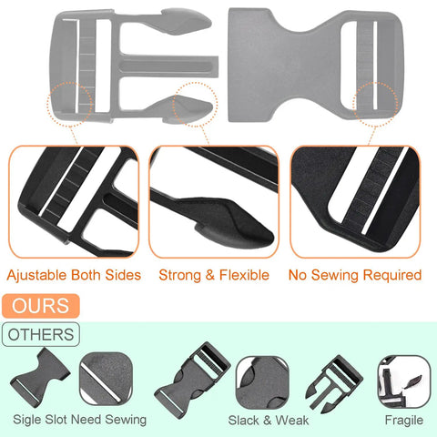 Six Pack 1 Inch Quick Release Buckles For Nylon Webbing Straps Replacement No Sew Dual Adjustable Heavy Duty Plastic Buckle