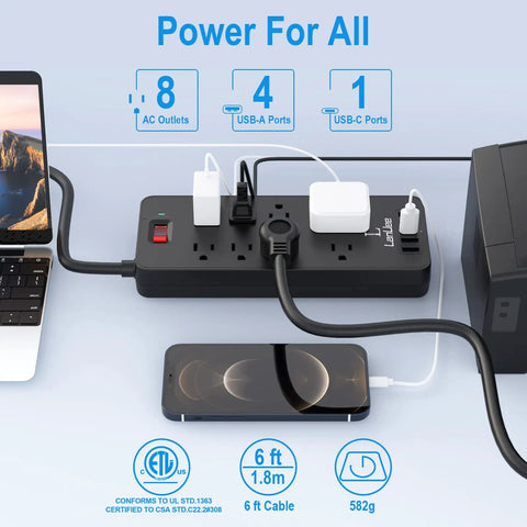 Eight Outlet Power Strip With Five USB Ports Including USB C, Six Foot Flat Plug Surge Protector, 1875 Watts At 15 Amps, Black