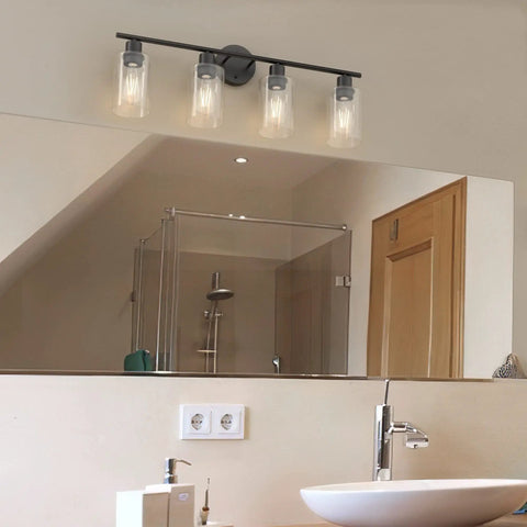 Matte Black 4 Light Vanity Light Over Mirror Dope Modern Sconce With UL Certified E26 Base shown above bathroom mirror