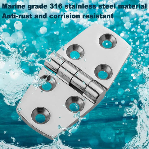 Marine Grade Stainless Steel Hinges Built Tough Heavy Duty Boat Strap Hinge 316 Saltwater Resistant Butt Hardware close-up in water.