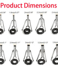 All In One Fishing Rod Tip Repair Kit For Freshwater And Saltwater Rods With Stainless Steel Ceramic Ring Guides, 50 Piece Replacement Set, Includes 1.6mm To 3.0mm Hole Sizes For Quick Durable Tip Fixes. Product dimensions showing rod tip guides from 1.6mm to 3.6mm