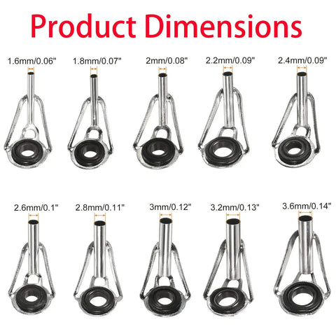 All In One Fishing Rod Tip Repair Kit For Freshwater And Saltwater Rods With Stainless Steel Ceramic Ring Guides, 50 Piece Replacement Set, Includes 1.6mm To 3.0mm Hole Sizes For Quick Durable Tip Fixes. Product dimensions showing rod tip guides from 1.6mm to 3.6mm