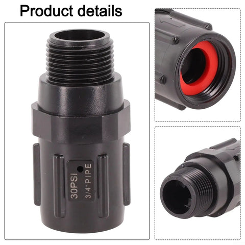 Drip Irrigation Pressure Regulator 30 PSI Three Quarter Inch Garden Hose Water Pressure Reducer Valve in black plastic, 3/4 inch thread