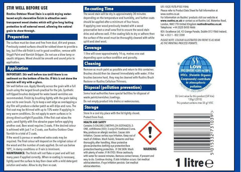 Quick Dry Outdoor Wood Stain In Rich Satin Mahogany 1 litre container back label with application and safety instructions.
