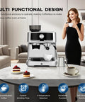 Sleek Stainless Steel Espresso Machine With Built In Grinder And Silky Milk Frother For Fresh Ground Magic And Zero Fuss Brewing Featuring 20 Bar Pressure And Large Reservoir Tank on modern kitchen table.