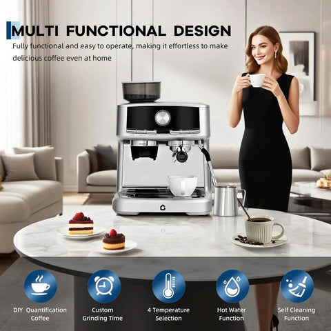 Sleek Stainless Steel Espresso Machine With Built In Grinder And Silky Milk Frother For Fresh Ground Magic And Zero Fuss Brewing Featuring 20 Bar Pressure And Large Reservoir Tank on modern kitchen table.