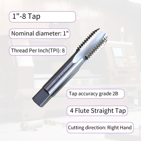 One Inch Eight TPI Tap And Die Set UNC Right Hand 4 Flute Straight Tap metal tool shown with specifications