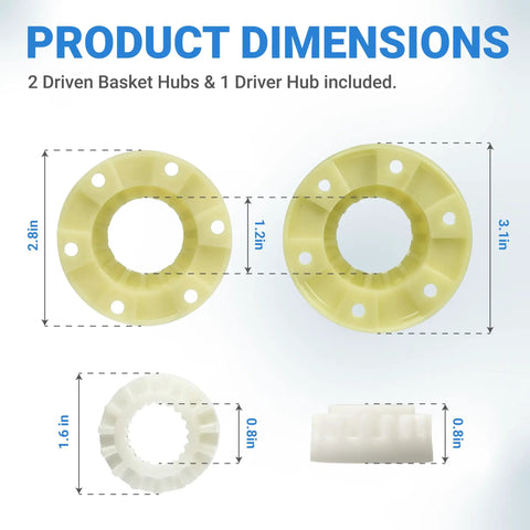 Dimensions of Upgraded Washer Hub Kit W10820039 For Cabrio Bravo Oasis Whirlpool And Kenmore Washers with driver and basket hubs shown.
