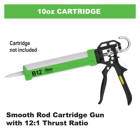 B12 B Line Manual Caulking Gun For Ten Ounce Cartridges, 12 To 1 Drive, 375 Lbf Thrust, 120 Psi, Full Size Handle, Half Cradle