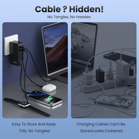 GaN IV 120W 4 In 1 Fast Charger in use with retractable cables, neat setup compared to cluttered cables