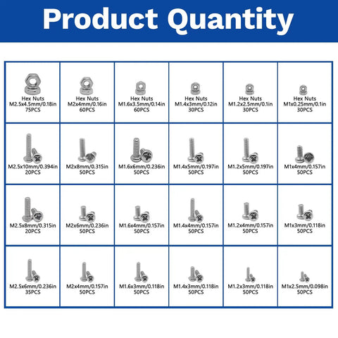 1110Pcs Stainless Steel Micro Screws And Nuts Set Metric M1 To M2.5 Sizes with Product Quantity Chart