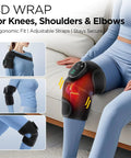 Person using Cordless Knee Massager With Heat And Battery Pack for knee pain relief on a couch, adjustable straps visible