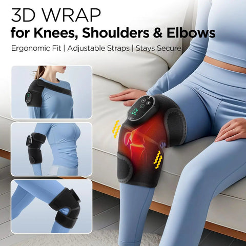 Person using Cordless Knee Massager With Heat And Battery Pack for knee pain relief on a couch, adjustable straps visible