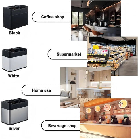 Game Changer Electric Espresso Knock Box And Automatic Portafilter Cleaner displayed in coffee shop, supermarket, home, and beverage shop settings.