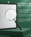 H13 True HEPA filter with magnifying glass, text overlay explaining features, part of Three Pack Replacement Filters For Smart True HEPA Air Purifier With Four Stage Filtration, Fine Pre Filter, Activated Carbon, Cold Catalyst, And H13 True HEPA Filter Replacement Set For Fresher Air At Home