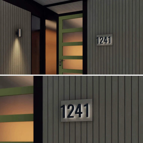 7 Inch Back Plate For Lighted Address Numbers, Rugged Stainless Steel Mount For Four Digits, Charcoal Gray Outdoor Address Solution on house wall
