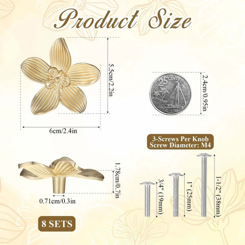 Brushed Gold Flower Cabinet Knobs Set Of 8 With 19mm 25mm And 38mm Screws size comparison with coin and screws