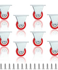 Eight red 1-inch non-swivel fixed caster wheels with screws for furniture, cabinets, carts.