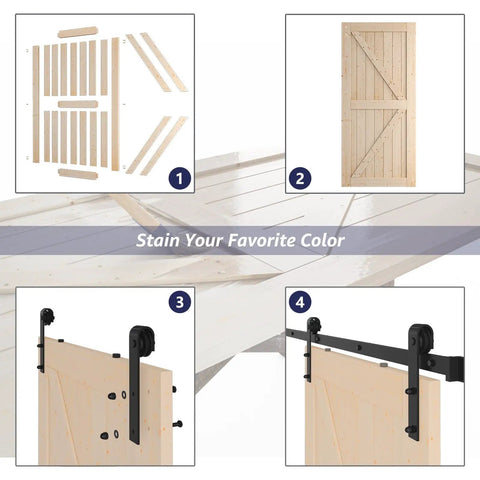 42 By 84 Inch Sliding Barn Door With Seven Foot Hardware Kit Included Unfinished Solid Spruce Wood Panel Stainable DIY Build No Sweat Setup Hella Smooth Rolling Track Rail For Your Home Refresh assembly guide with parts and installation steps.