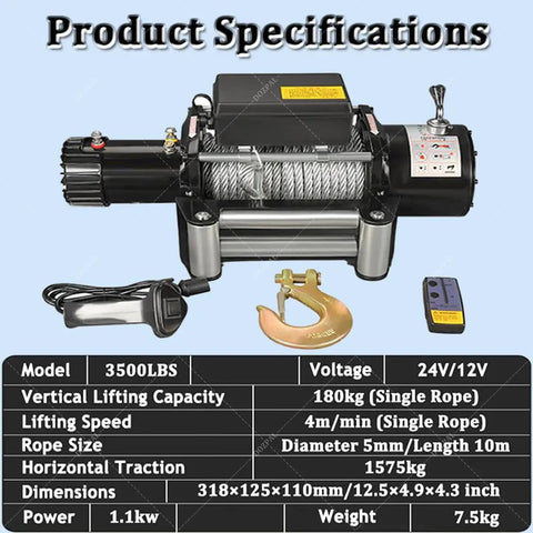 Heavy Duty 3500 LBS Electric Winch Kit For Jeeps And Trucks With Dual Wireless Remote Control Steel Cable Roller Fairlead 12 Volt 4x4 Gear specifications including motor, dimensions, and lifting capacity.