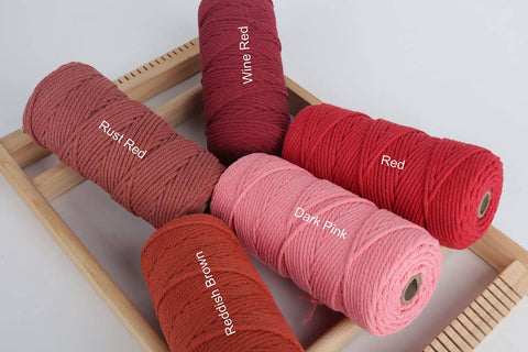 Natural Macrame Cord 2mm Thick 220 Yards Colorful 3 Strand Twisted Cotton Rope with Rust Red, Wine Red, Red, Dark Pink, Reddish Brown