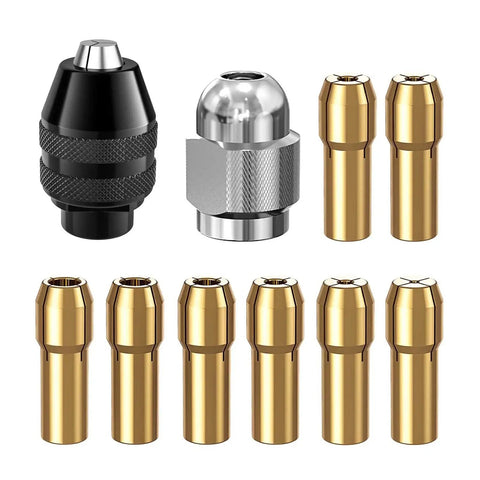 10 Piece Drill Chuck Collet Kit Replacement 4485 For Dremel Brass Quick Change Rotary Drill Collets laid out in a row