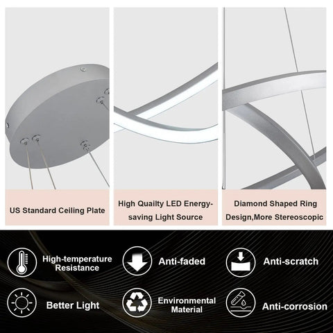Two Ring Diamond LED Chandelier Pendant Light Dimmable Cool White 6000K Adjustable Modern Fixture For Kitchen Island